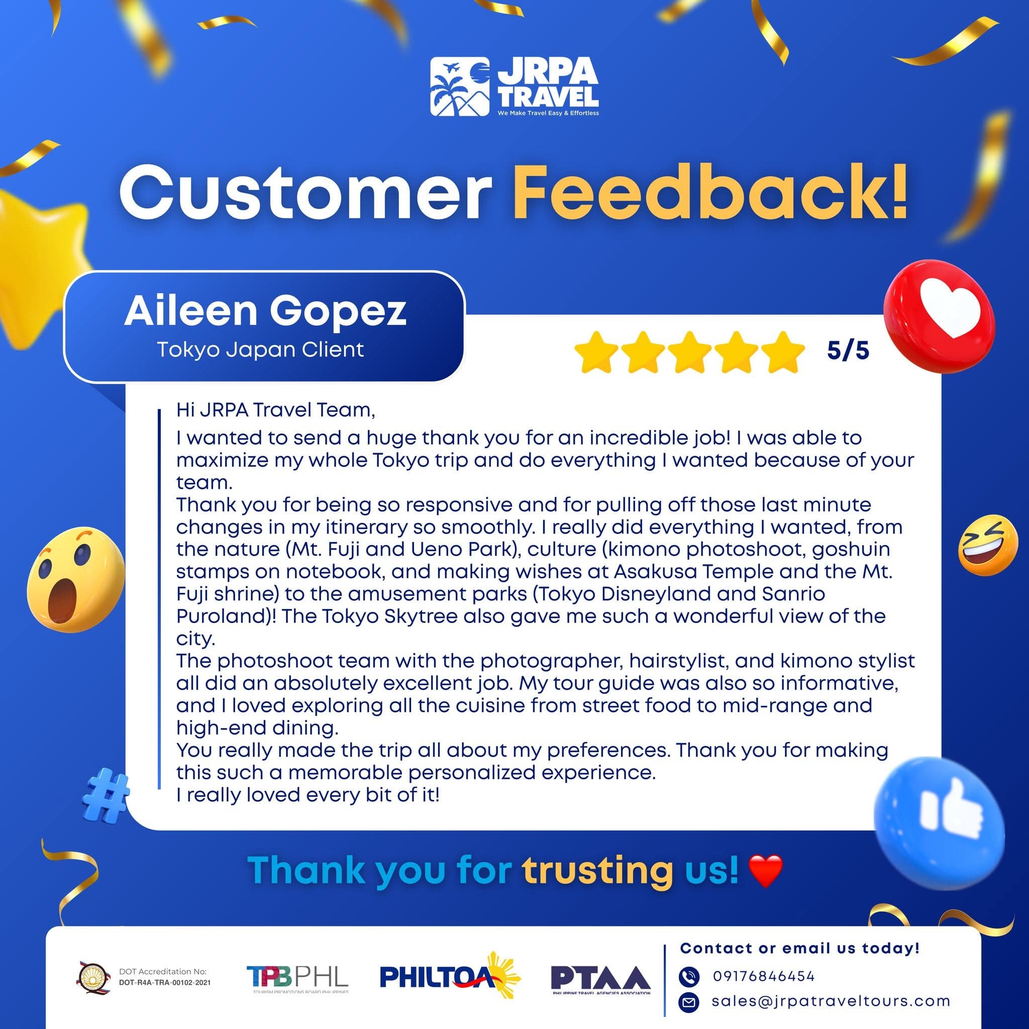 5-star customer feedback from Aileen Gopez (Tokyo, Japan): "Such a memorable, personalized experience — I loved every bit of it!"