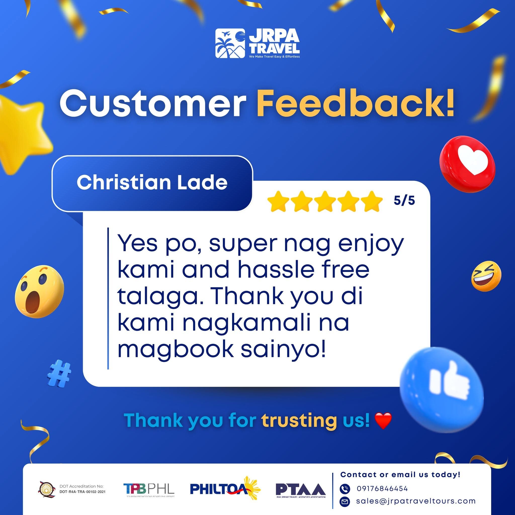 5-star customer feedback from Christian Lade: "Super nag-enjoy kami and hassle-free talaga."