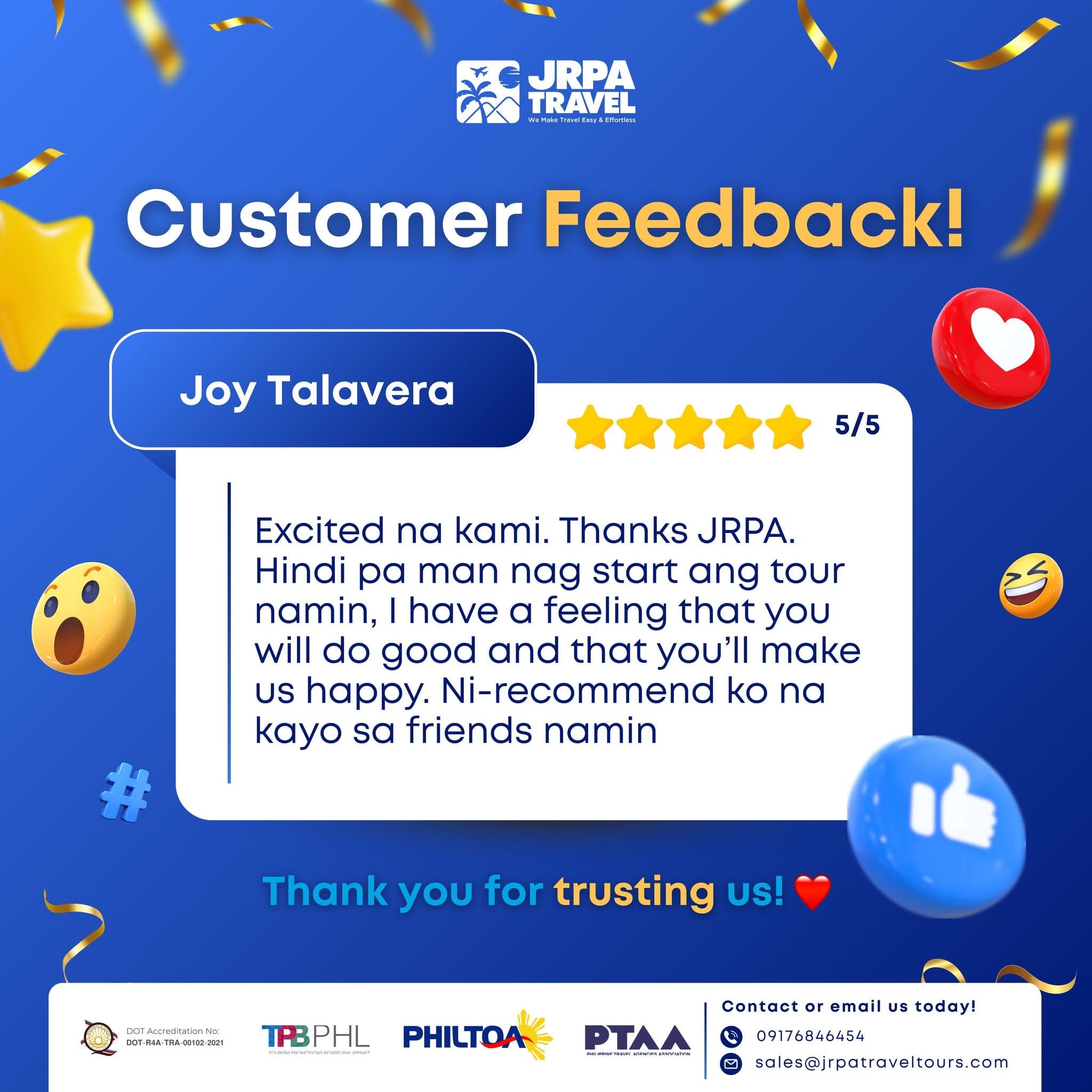 5-star customer feedback from Joy Talavera: "Ni-recommend ko na kayo sa friends namin."