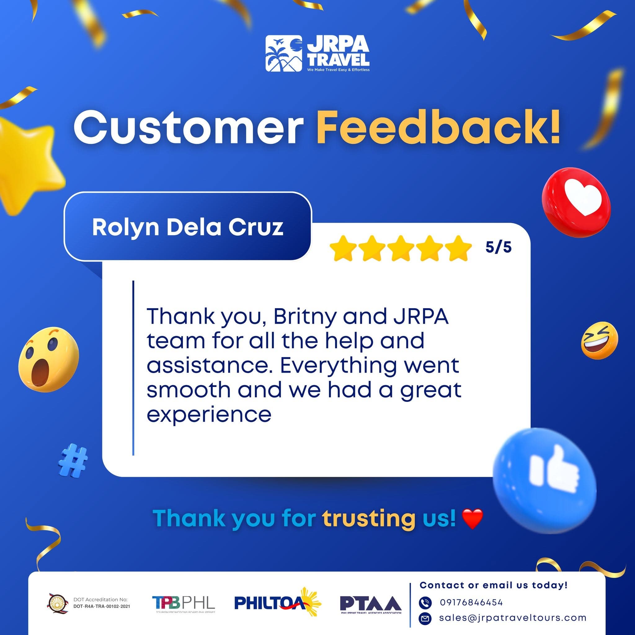 5-star customer feedback from Rolyn Dela Cruz: "Everything went smooth and we had a great experience."