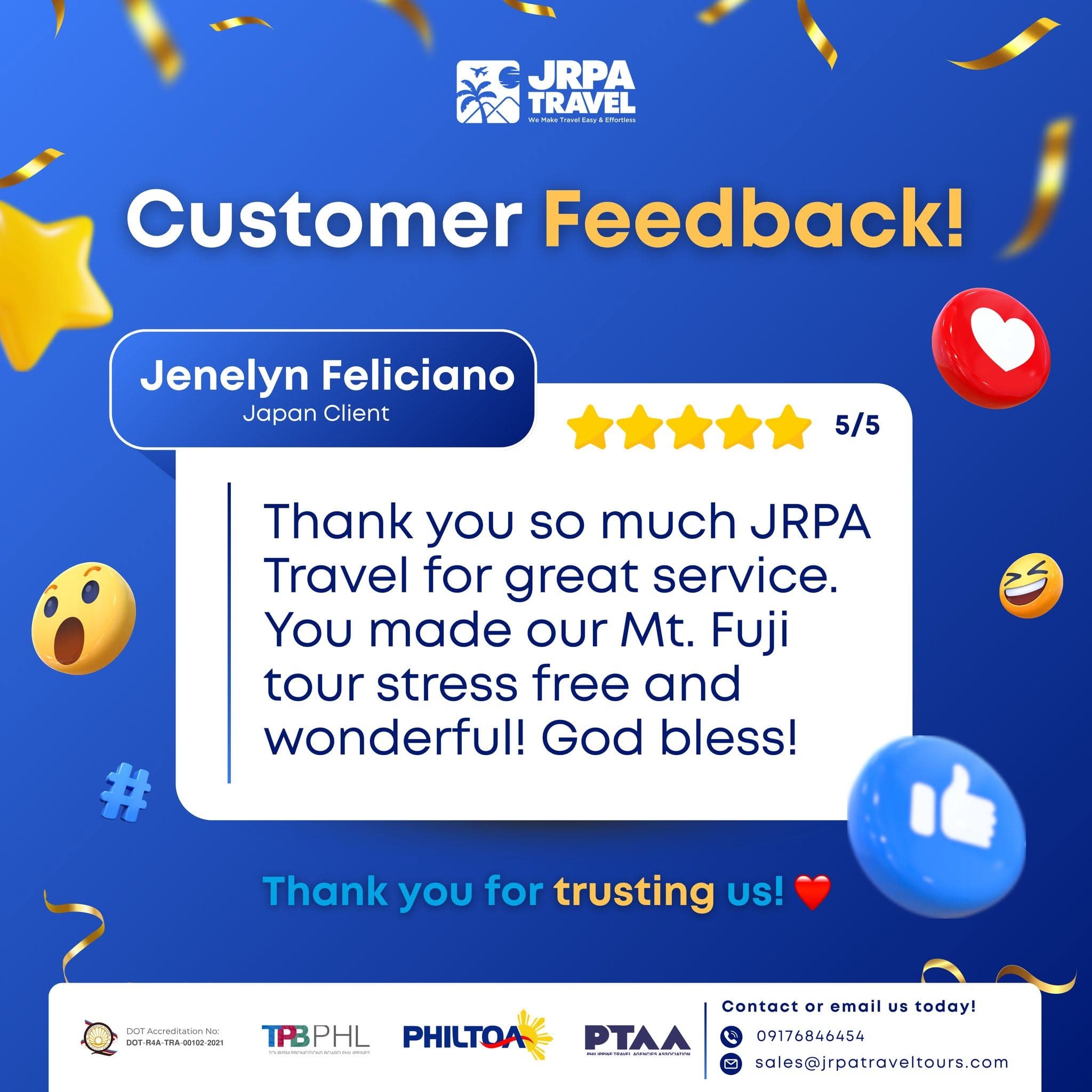 5-star customer feedback from Jenelyn Feliciano (Japan): "You made our Mt. Fuji tour stress-free and wonderful!"