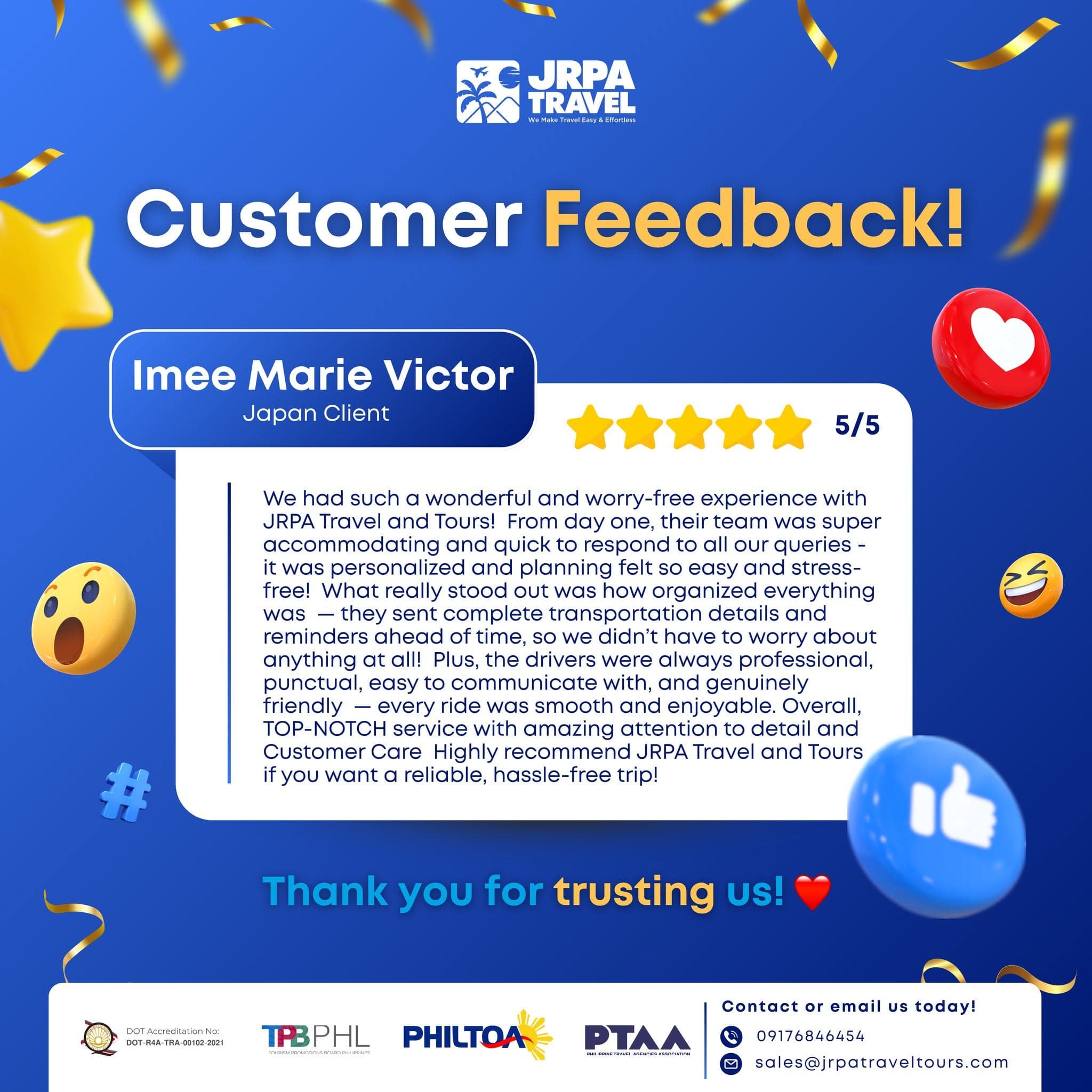 5-star customer feedback from Imee Marie Victor (Japan): "Top-notch service with great attention to detail."